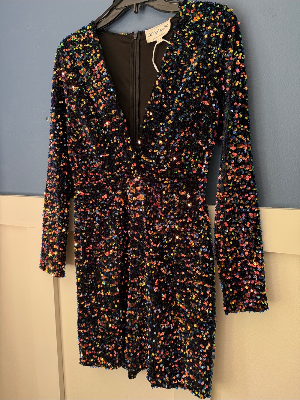Selfie Leslie “Demure” Navy Sequin Deep V Long-Sleeve Mini Cocktail Dress (NWOT) - Picture 3 of 10